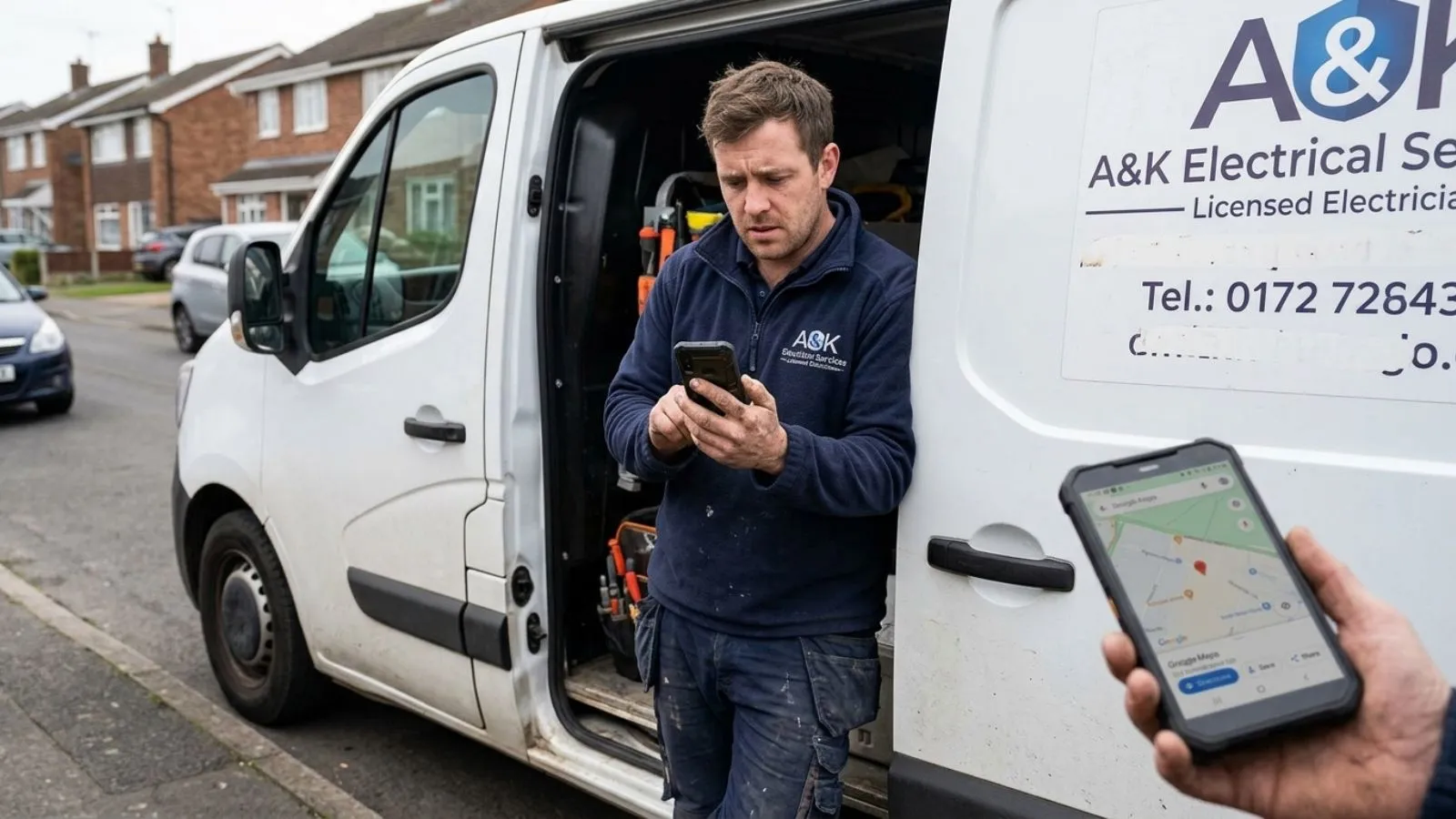 An electrician at the open side door of a van, checking on a phone whether their business is showing on Google Maps