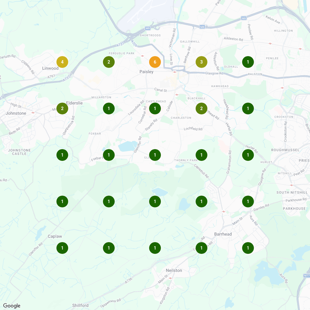 A real five by five geogrid across Paisley, Barrhead and Johnstone showing map pack positions between one and six for the same joinery search