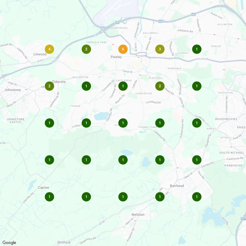 A five by five geogrid across Paisley, Barrhead and Johnstone showing map pack positions between one and six for the same joinery search