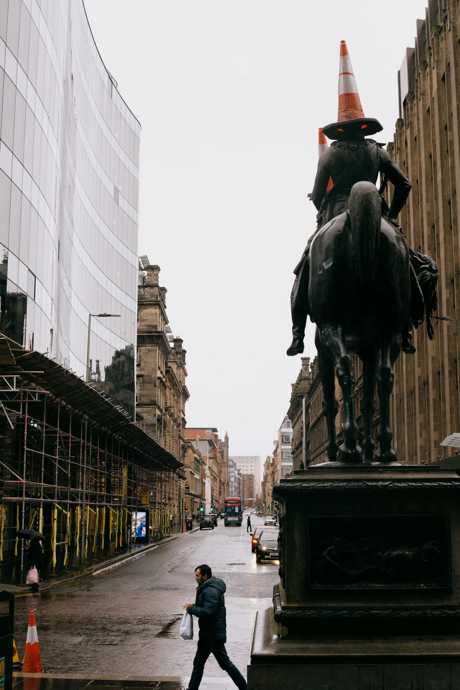 The Duke of Wellington statue with a traffic cone on its head, outside the Gallery of Modern Art in Glasgow