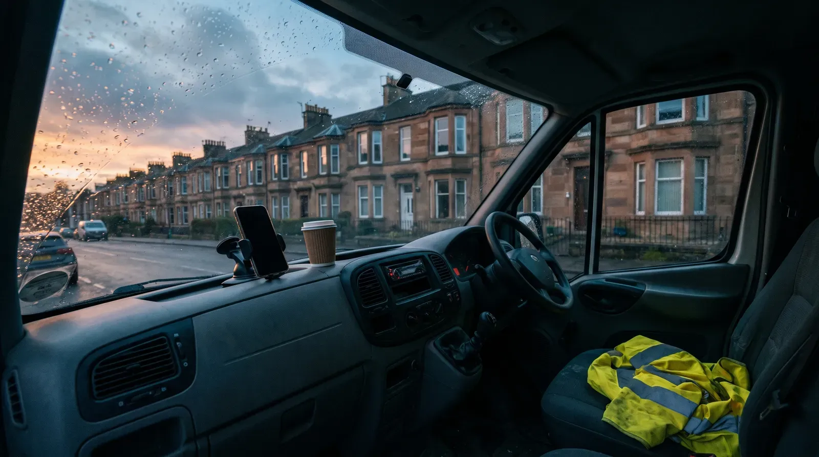 A dark phone screen in a dashboard mount inside a work van at dusk, rain on the windscreen and a quiet street of sandstone houses beyond