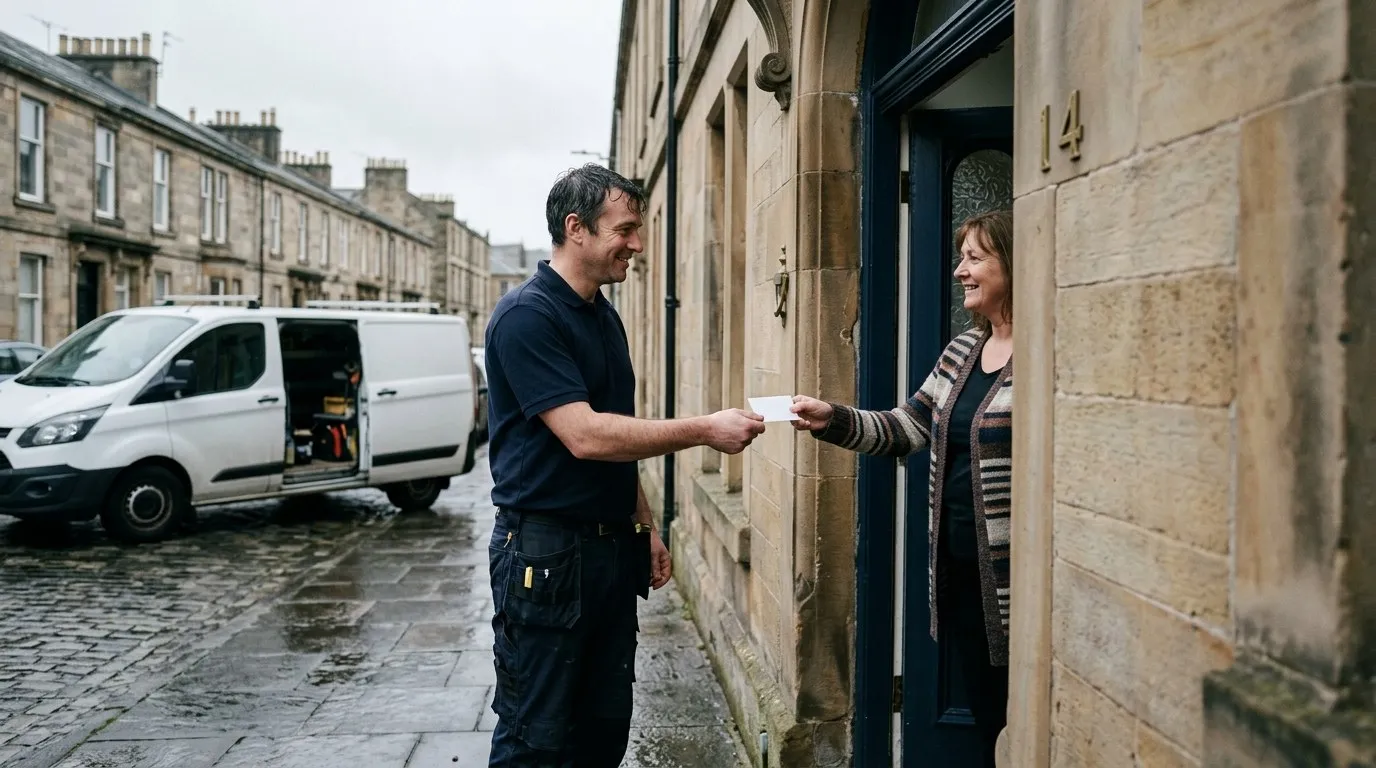 An electrician in a navy polo hands a small plain card to a customer at the door of a sandstone terrace, white van with its side door open parked on the wet street behind