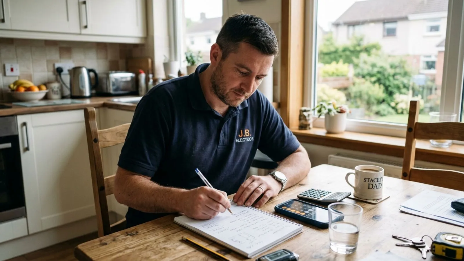A tradesperson at a kitchen table working out what a monthly subscription costs, with a notepad, a calculator and a phone