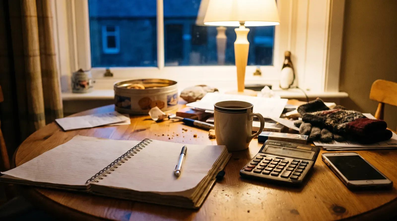 A calculator, a mug of tea and an open notebook on a kitchen table in the evening, set up to work out whether a monthly fee pays for itself