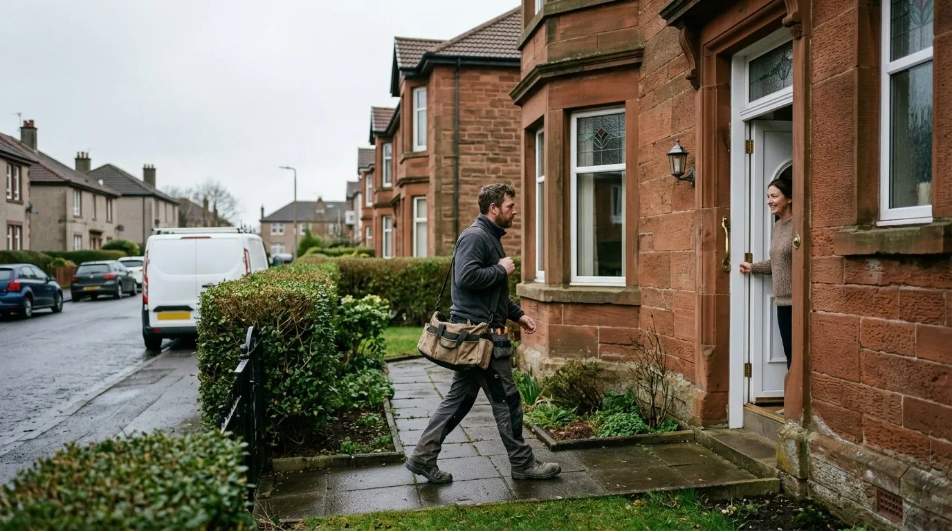 A plumber in a grey fleece carries a tool bag and a cable reel up the path of a red sandstone semi while the customer holds the front door open, white van at the kerb