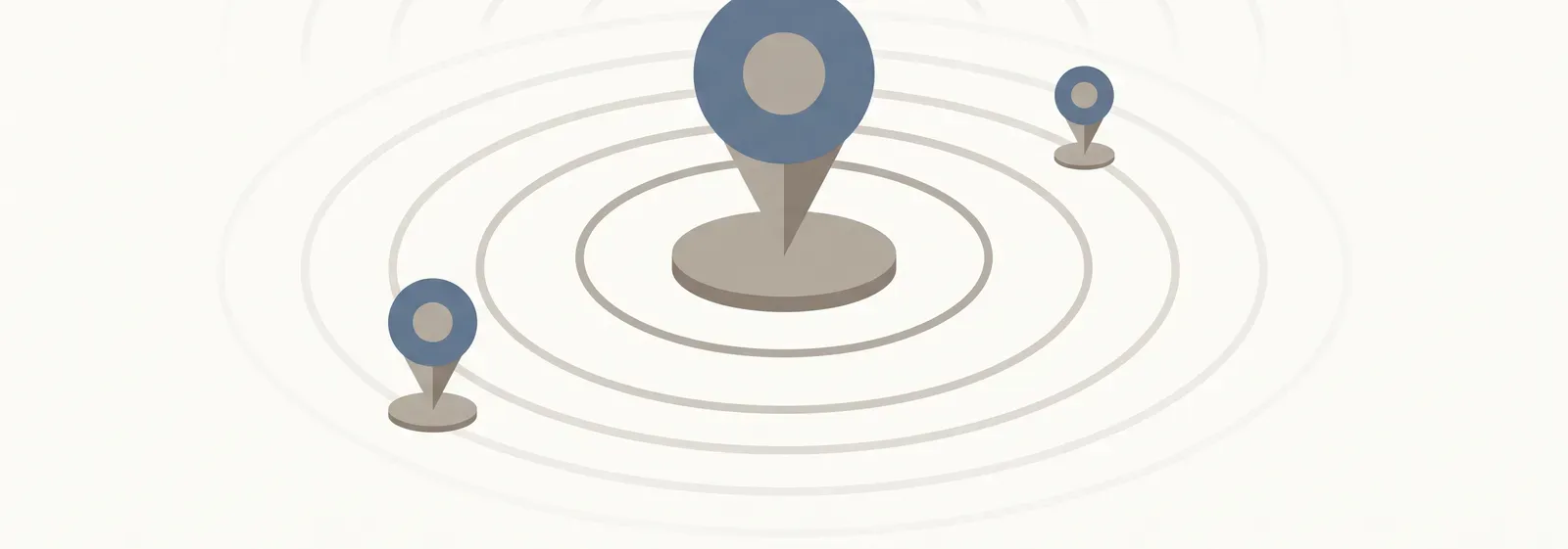 A large map pin whose rings fade with distance, with smaller rival pins standing outside its reach on their own ground