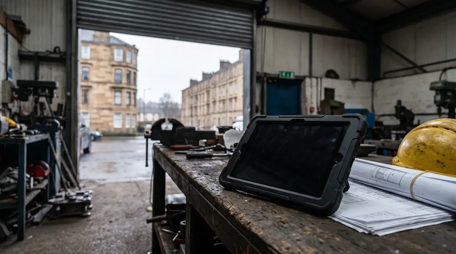 A switched off tablet in a heavy protective case on a weathered workbench in a Scottish trade unit, with a scuffed hard hat and rolled site drawings beside it and sandstone tenements through the roller door