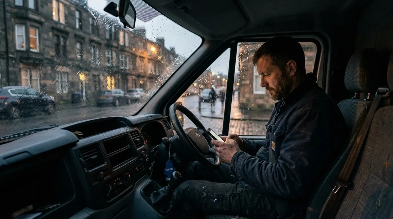 A joiner in a dark work jacket sits in the cab of a van at dusk, typing on a phone, with rain on the windscreen and a street of lit sandstone tenements outside